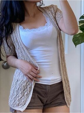 Coldwater Creek Beige Openwork Short-Sleeve Cardigan
